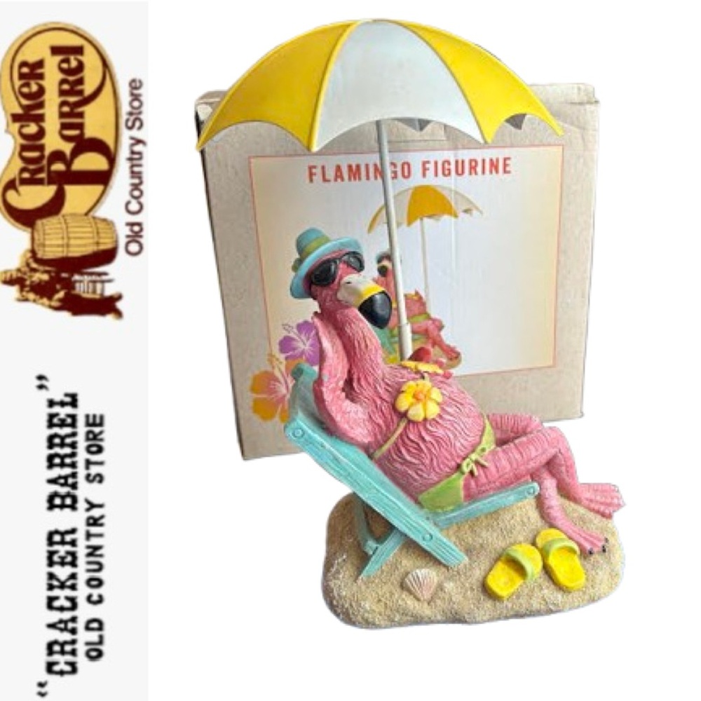 Beach Flamingo Figurine with Umbrella Cracker Barrel
